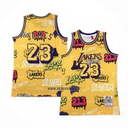 Maillot Los Angeles Lakers LeBron James NO 23 Slap Sticker Mitchell & Ness 2018-19 Jaune