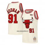 Maillot Chicago Bulls Dennis Rodman NO 91 Mitchell & Ness Chainstitch Creme